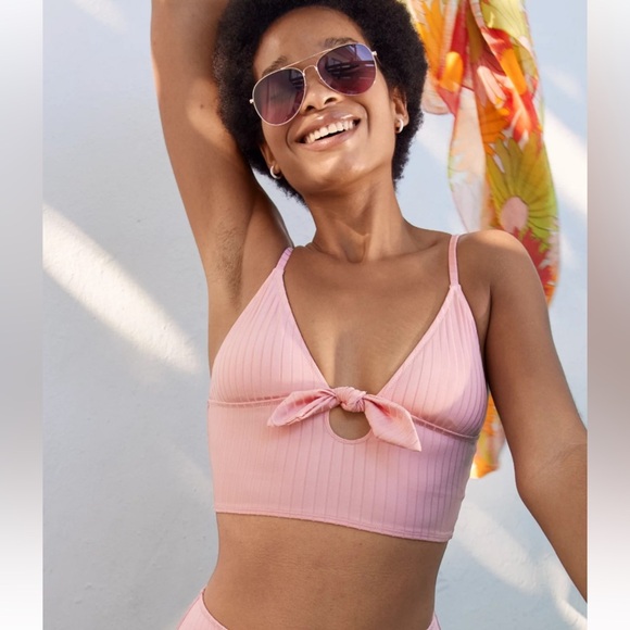 Aerie Brown Shine Ribbed Crop Longline Bikini Top XL NWT - Picture 6 of 7